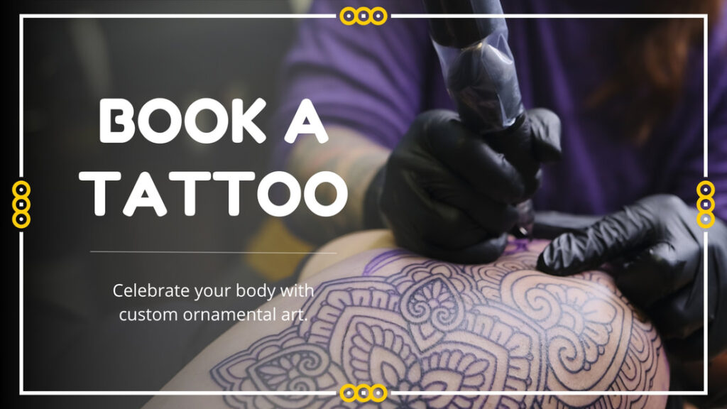 Image of hands tattooing ornamental mandala on an arm.